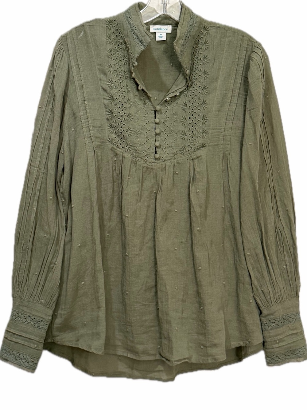 Sundance Medium 100% Cotton Long Sleeve Swiss Dot Tank Lined Olive Blouse B12